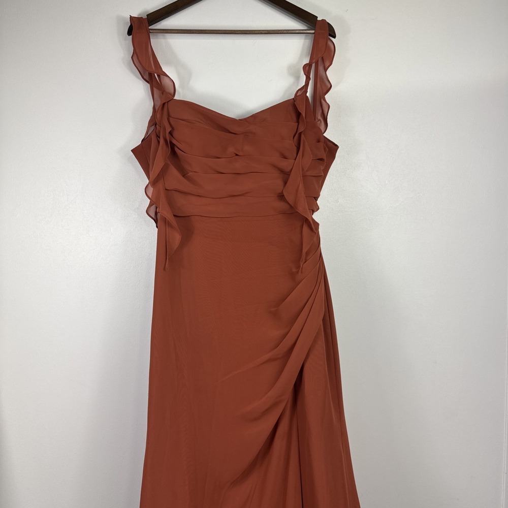 Azazie Rust Ruffled-Sleeve Column Gown - Picture 4 of 15